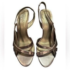 Coach And Four Principe Pewter Bronze Strappy Shoes Heels 3.5 In Heel Sz 7.5